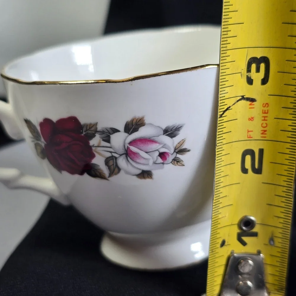 Royal Vale Bone China Tea Trio Red White Rose‎ Pattern Made in England Vintage